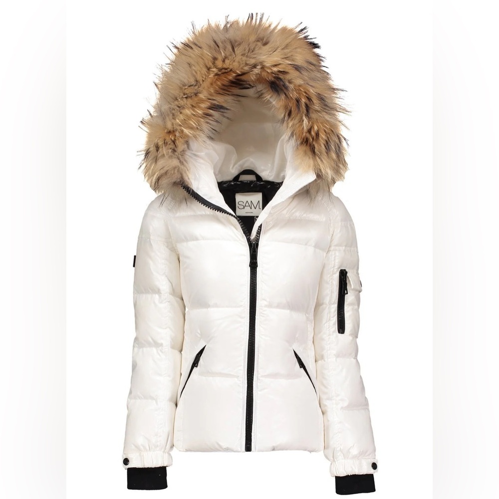SAM. White winter puffer jacket with fur hood